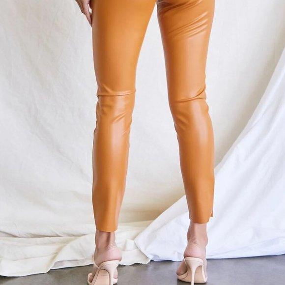 Faux Leather  Ankle Pants Med Coated Camel Brown Straight Skinny Stretch - Picture 11 of 12